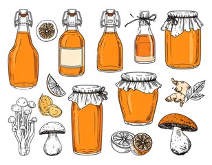 Hand-drawn collection of glass bottles and jars filled with orange liquid, garnished with citrus fruit, mushrooms, and herbs