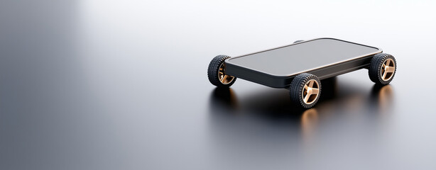 Sleek electric skateboard design with minimalist body and stylish wheels, showcasing modern technology and innovation