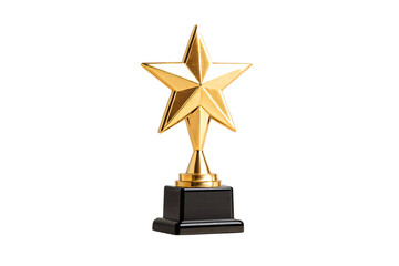 Golden star trophy award on black base with metallic shine, isolated on a transparent background