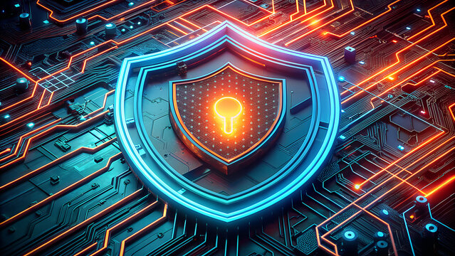 Futuristic digital shield emblem glowing with neon blue and orange light against a complex circuit board background representing cybersecurity and data protection