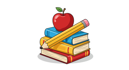 A stack of colorful books with a bright red apple on top and a yellow pencil resting across them symbolizing education and learning