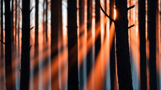 Serene forest scene with tall trees bathed in golden light of sunrise or sunset