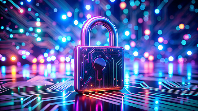 Futuristic digital padlock symbolizing cybersecurity and data protection against a vibrant abstract background of glowing circuit board patterns and bokeh lights