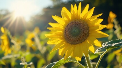 Fototapeta premium Sunflower field bathed in golden sunlight.