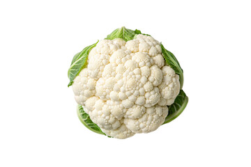 Complete cauliflower head showing white clustered florets encased in vibrant green leaves, isolated on a transparent background