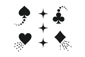 Symbols of playing cards featuring spades, hearts, diamonds, and clubs with sparkling effects on a blank background
