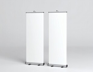Two blank white roll-up banner mockups standing on a clean studio background. Advertising and presentation template.