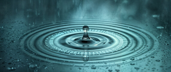 The ripple effect of data, a conceptual image of a raindrop splash transforming into expanding rings of glowing binary code.