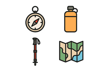 Essential hiking gear includes compass, water bottle, trekking pole, and map for outdoor adventures in nature