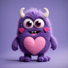 Adorable Monster with Heart-Shaped Details in a Pastel Background fuzzy A perfect representation of love, affection, and cartoon creativity for Valentine's themes or fun designs.