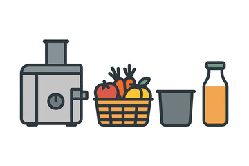 Juicing process with a machine, fresh fruits, and juice container on a clean white background