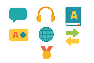 Engaging visual elements representing language learning tools and communication methods in a colorful design