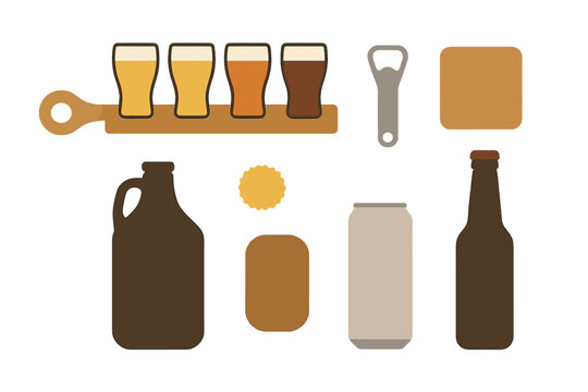 Beer tasting setup with various containers and glasses displayed on wooden board in an inviting space - Powered by Adobe