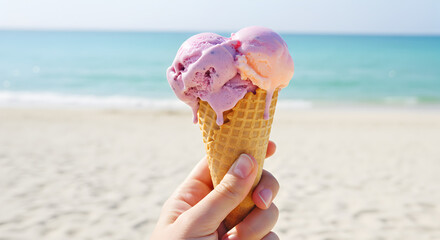 Enjoy a delicious melting ice cream cone on a sunny beach with the ocean in the background