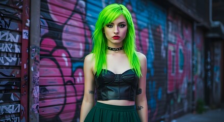 Obraz premium Editorial fashion image of a woman with neon green hair and bold eyeliner, posing against a colorful urban wall.