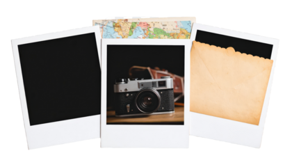 Three instant photos isolated on transparent background Cut out blank vintage pictur