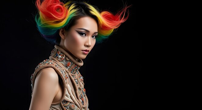 Studio portrait of a model with rainbow-dyed hair, wearing avant-garde clothing, high-end editorial style.