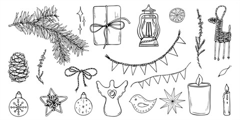 Christmas decoration set vector illustration clip art. Pine branch, gifts, flag garland, wooden toys, candle, cone, heather, star, lantern clip art. Xmas bundle for holiday decor, festive packaging