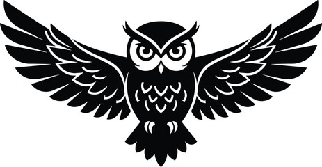 Stylized owl illustration, black and white bird graphic, symmetrical wings spread, detailed feather tattoo design art