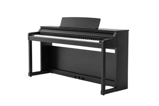 Modern black digital piano with full 88-key keyboard, music stand, and contemporary cabinet-style design, isolated on a transparent background