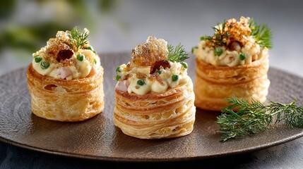 Three bite-sized appetizers feature flaky pastry cups overflowing with creamy filling and garnished delicately