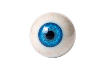Bloodshot human eyeball with red veins and blue iris displaying realistic medical anatomical detail and texture, isolated on a transparent background