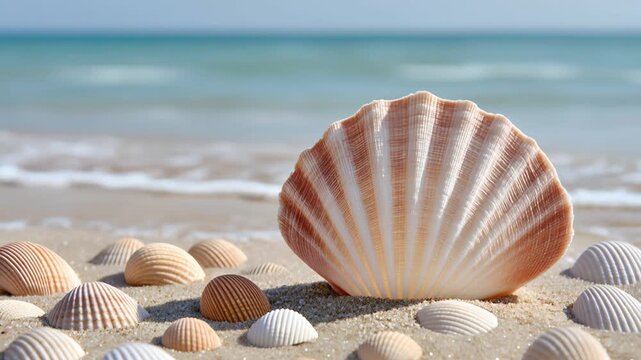 A large scallop seashell standing upright in the sand