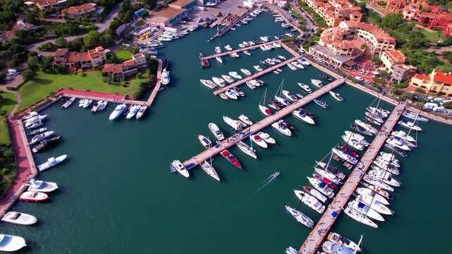 Porto Cervo aerial flyover with orange houses and luxury marina 4K drone. Sardinia Italy emerald coast resort. Coastal village architecture and yacht harbor view Sardegna costa Smeralda