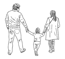 Father, mother with little child walking outdoors together, two casual pedestrians,vector contour hand drawing, white background