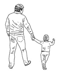 Father with little son walking outdoors together, two casual pedestrians,vector contour hand drawing, white background