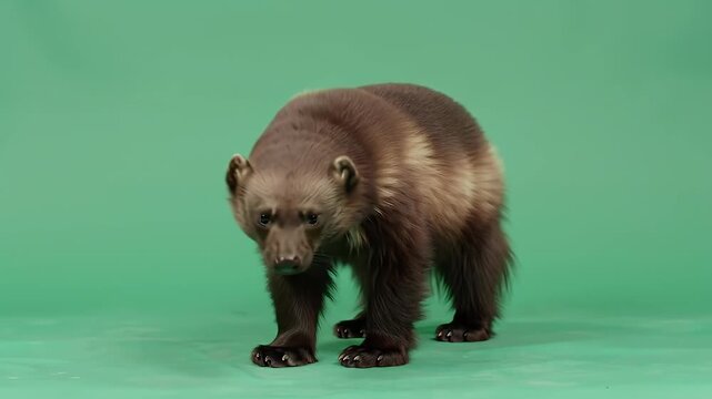 Wolverine (Gulo gulo) Standing on Green Screen, Full Body Shot of a Wild Mustelid Mammal with Brown Fur and Distinctive Stripe