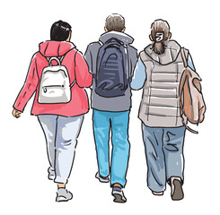 Three casual modern townspeople with backpacks walking down street, back view, realistic sketch, vector illustration, white background