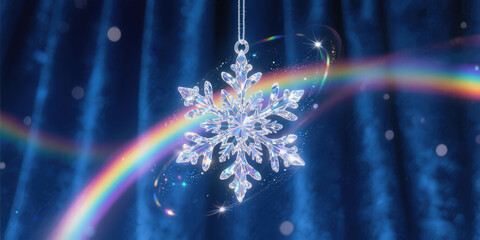 Crystal snowflake ornament with rainbow and blue fabric background for Christmas theme