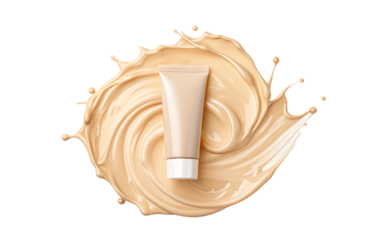 Foundation tube centered in circular beige liquid splash with elegant swirling patterns and droplets, isolated on a transparent background