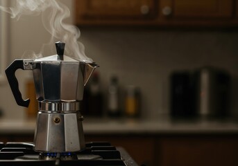 Steaming coffee maker on stove in cozy kitchen