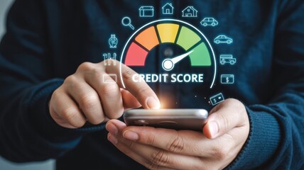 Person checking credit score on smartphone with financial icons