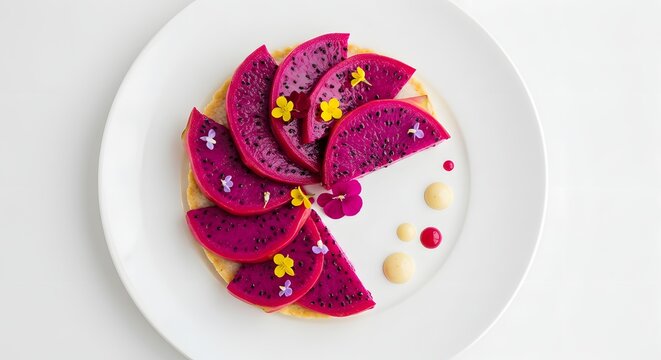 Overhead shot of dragon fruit dessert on a white plate with artistic plating