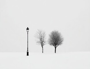 Winter landscape with a lamppost and bare trees