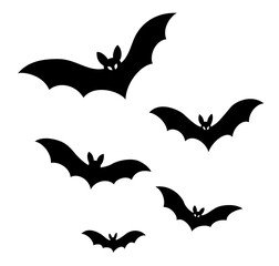 Halloween bat flat illustrations set. Black bats design elements collection. Vector icons.