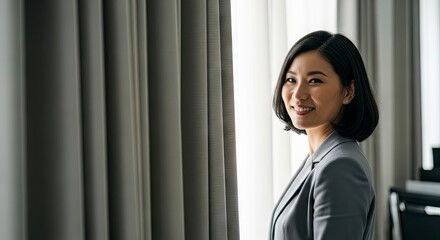 A smiling Asian woman in a gray business suit stands by gray curtains