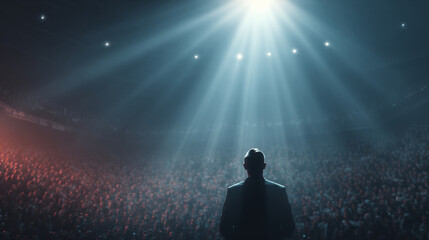Person stands on stage under spotlight, facing large audience in dimly lit auditorium, creating dramatic and inspiring atmosphere