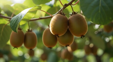 Kiwi fruit hanging on vine with sunlight filtering through leaves