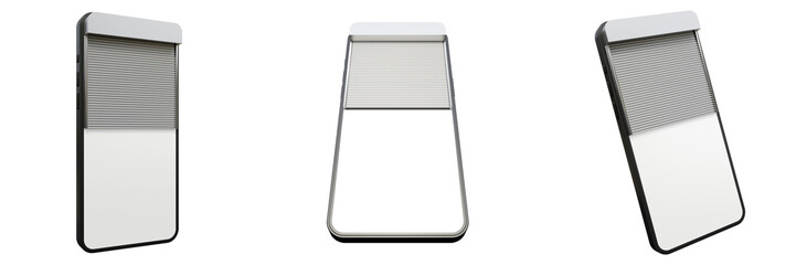 Smartphone set with roller shutter on the screen isolated. Online shopping, e-commerce, business, insurance or protection concept. Smartphone with metallic roller shutter.