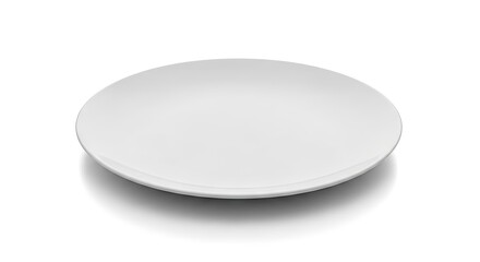A white round plate is viewed from a slightly high angle with a subtle shadow underneath on a white surface