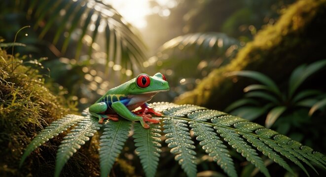 Vibrant red-eyed tree frog perched on fern in lush jungle