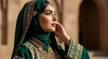 Naklejka premium A woman in traditional dark green attire with gold embellishments and matching hijab looks serene