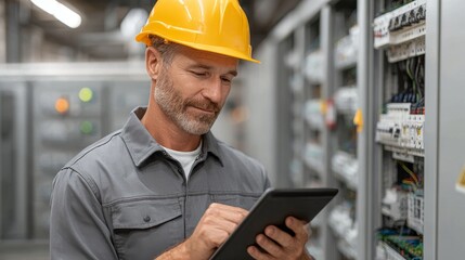 Engineer analyzing safety data on tablet with helmet in industrial environment for work efficiency