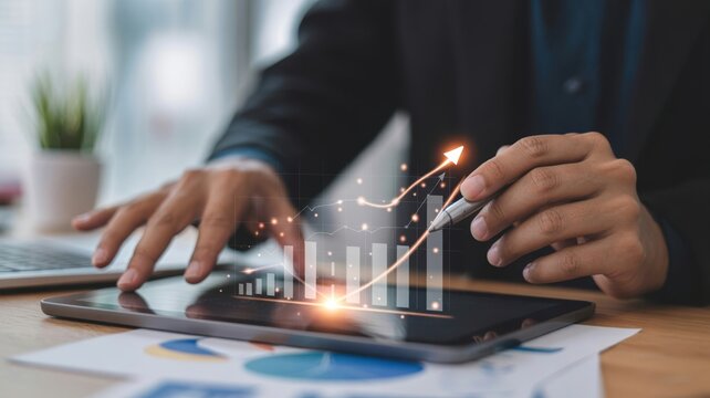 Business professional analyzing financial growth on a tablet with a holographic chart