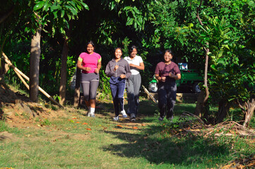 Obraz premium A group of four teen girls jog together across a lush tropical park in the morning, surrounded by green trees and sunlight filtering through the leaves.