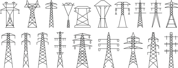 Collection of electrical transmission towers, power line structures, energy distribution network, utility poles, high-voltage pylons, infrastructure, engineering, grid system